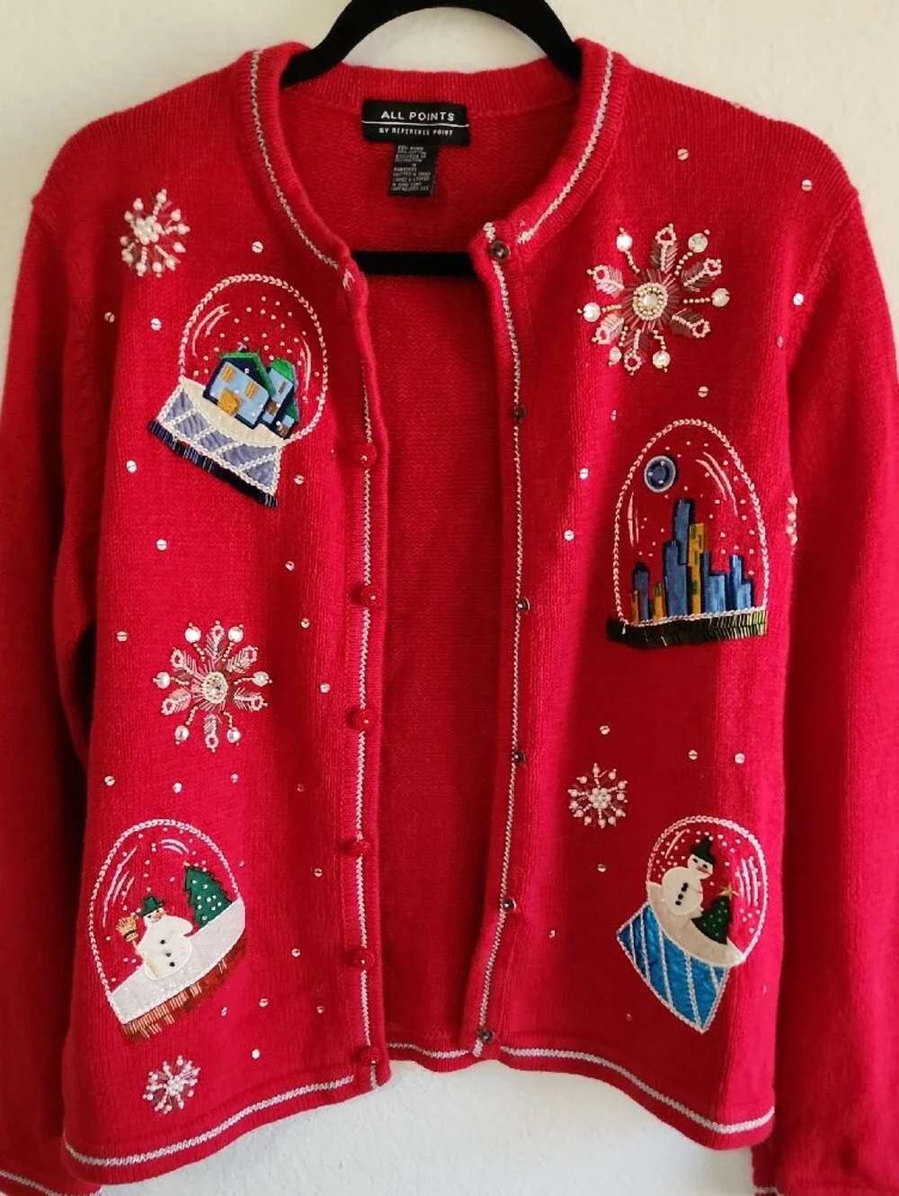 Vintage All Points Ramie Cotton Beaded Snow Globe Christmas Cardigan Medium